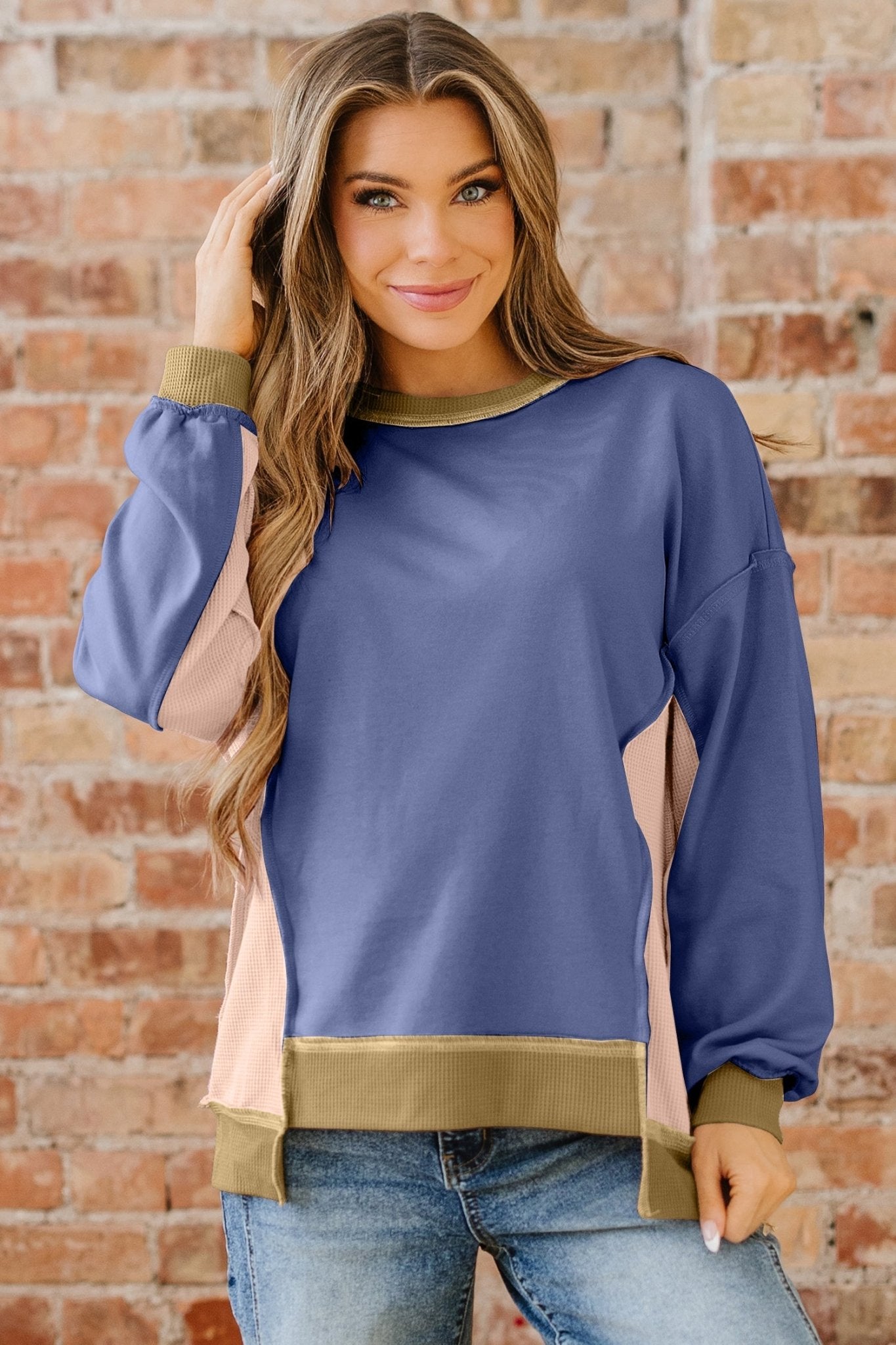 Alaina Waffle Patchwork Oversize Sweatshirt by Threaded Pear - Free Spirited