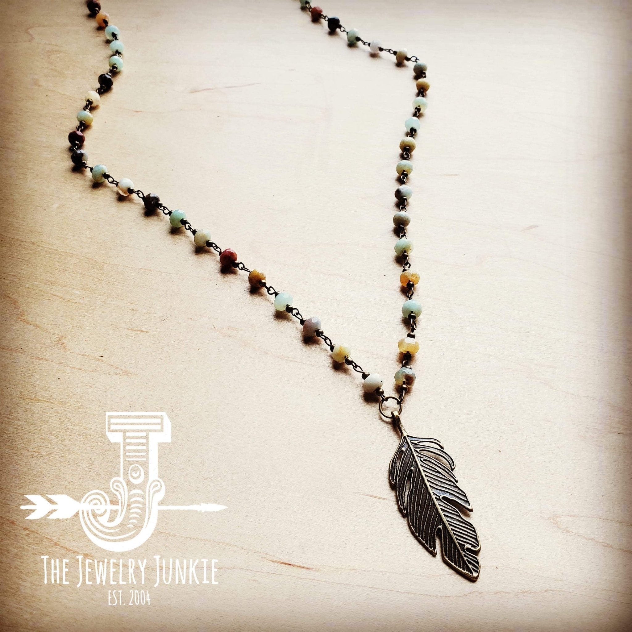 Amazonite Beaded Necklace with Antique Gold Feather 251x - Free Spirited