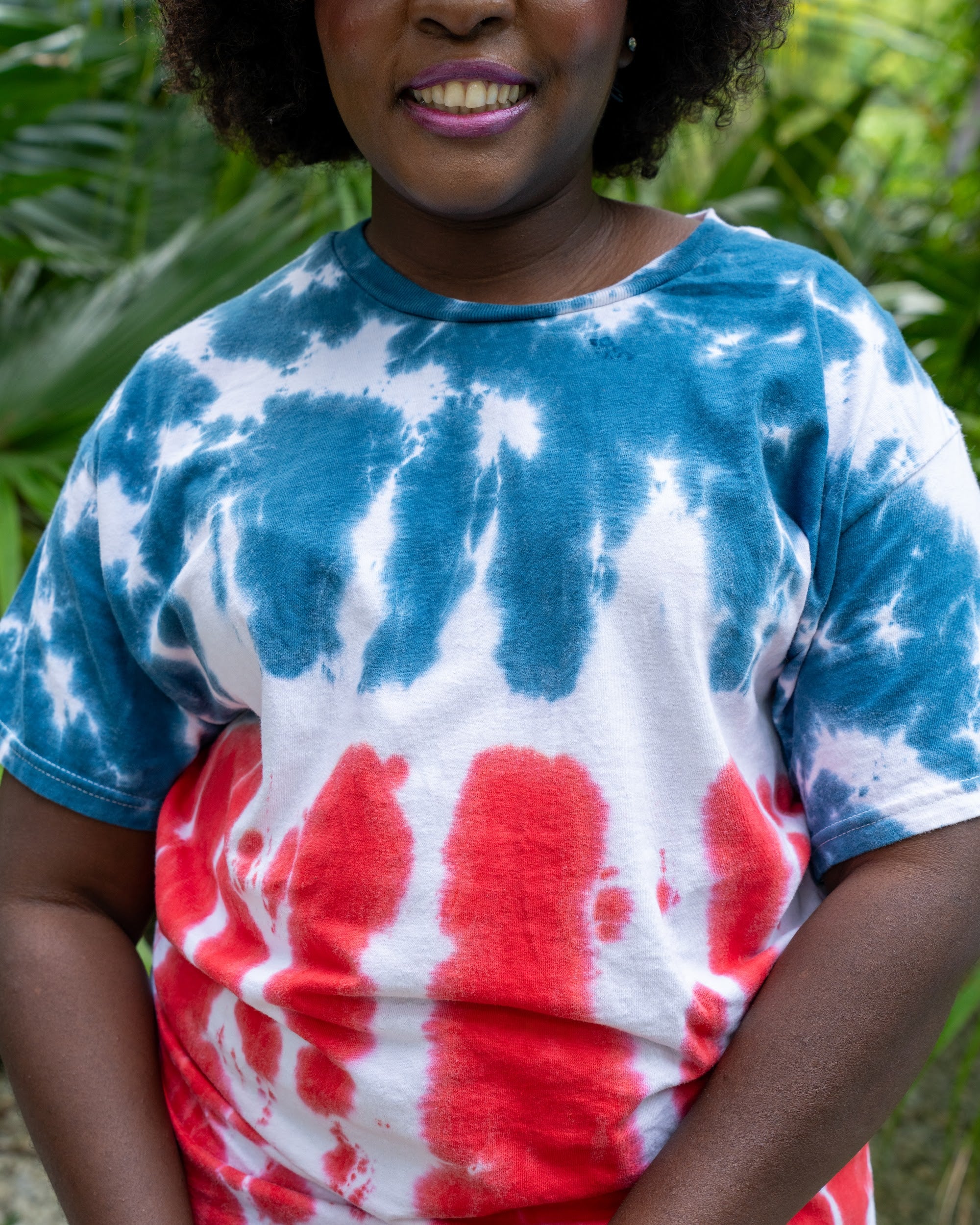 American Flag tee on a plus-size model, front view