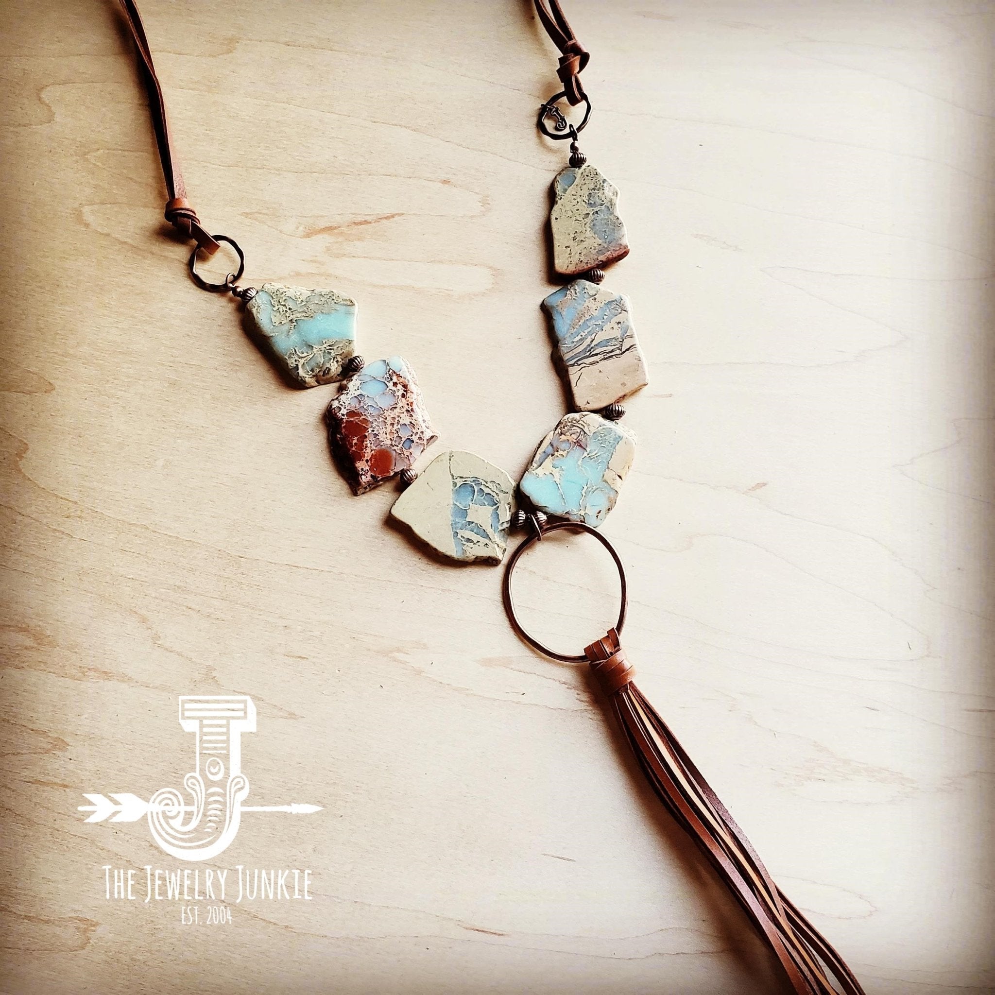 Aqua Terra Slab Necklace with Copper Hoop and Fringe Tassel 240r - Free Spirited