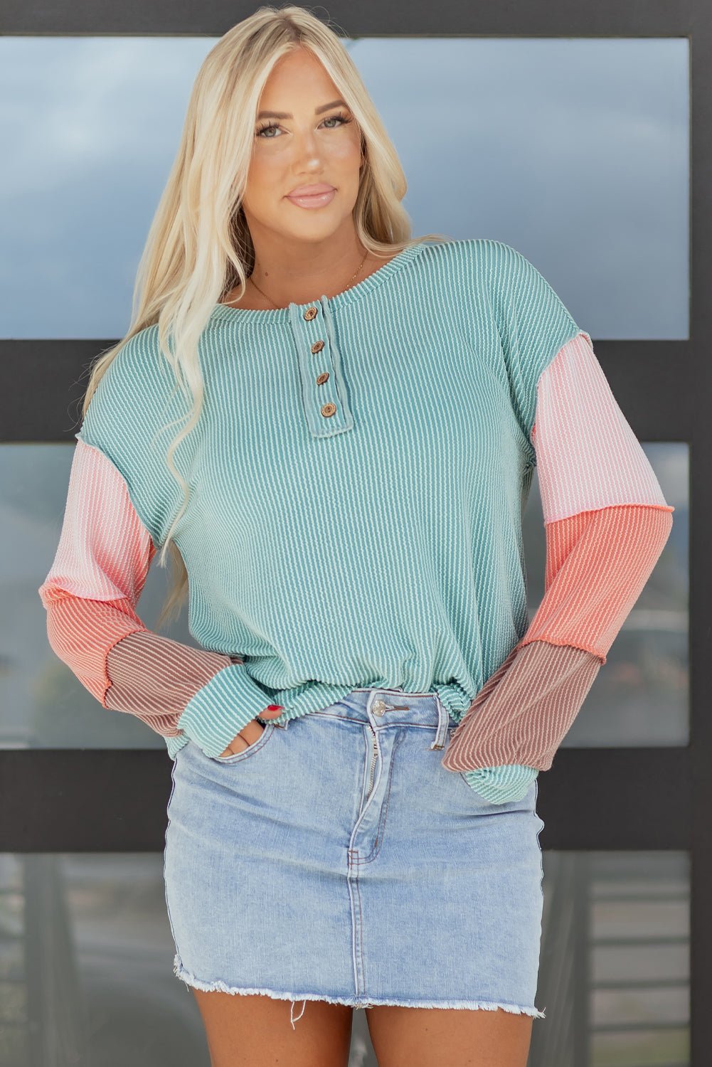 Aria Knit Colorblock Henley Top by Threaded Pear - Free Spirited
