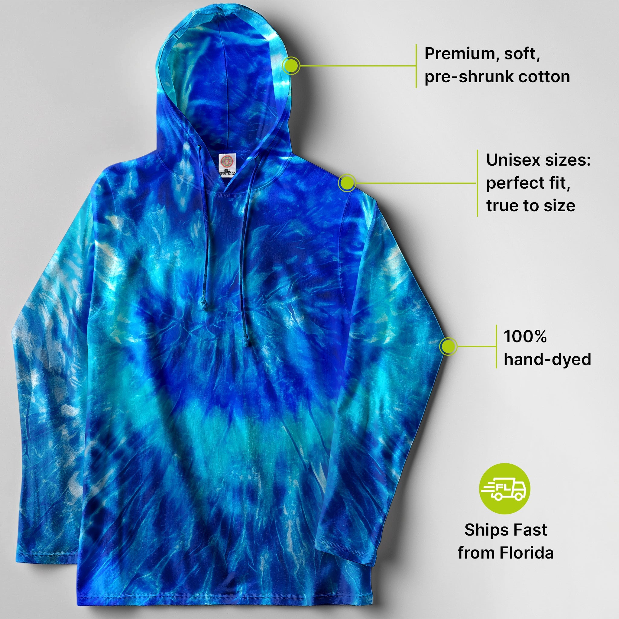Blue Jerry Hand - Dyed Long Sleeve Hoodie - Free Spirited