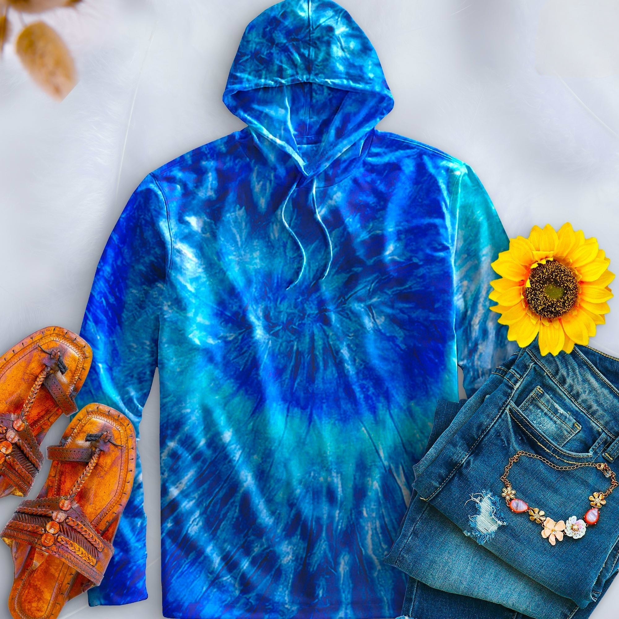 Blue Jerry Hand-Dyed Long Sleeve Hoodie - Free Spirited