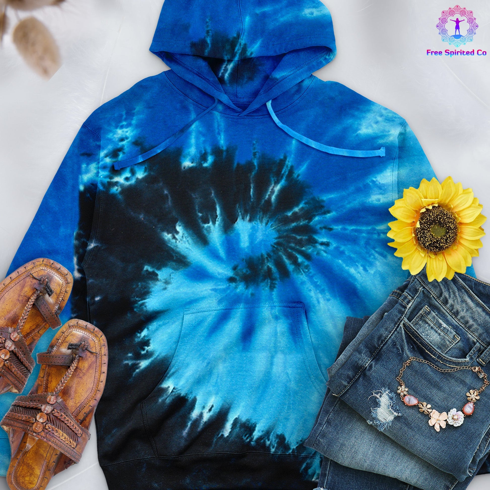 Blue Ocean Hand - Dyed Pullover Hoodie - Free Spirited