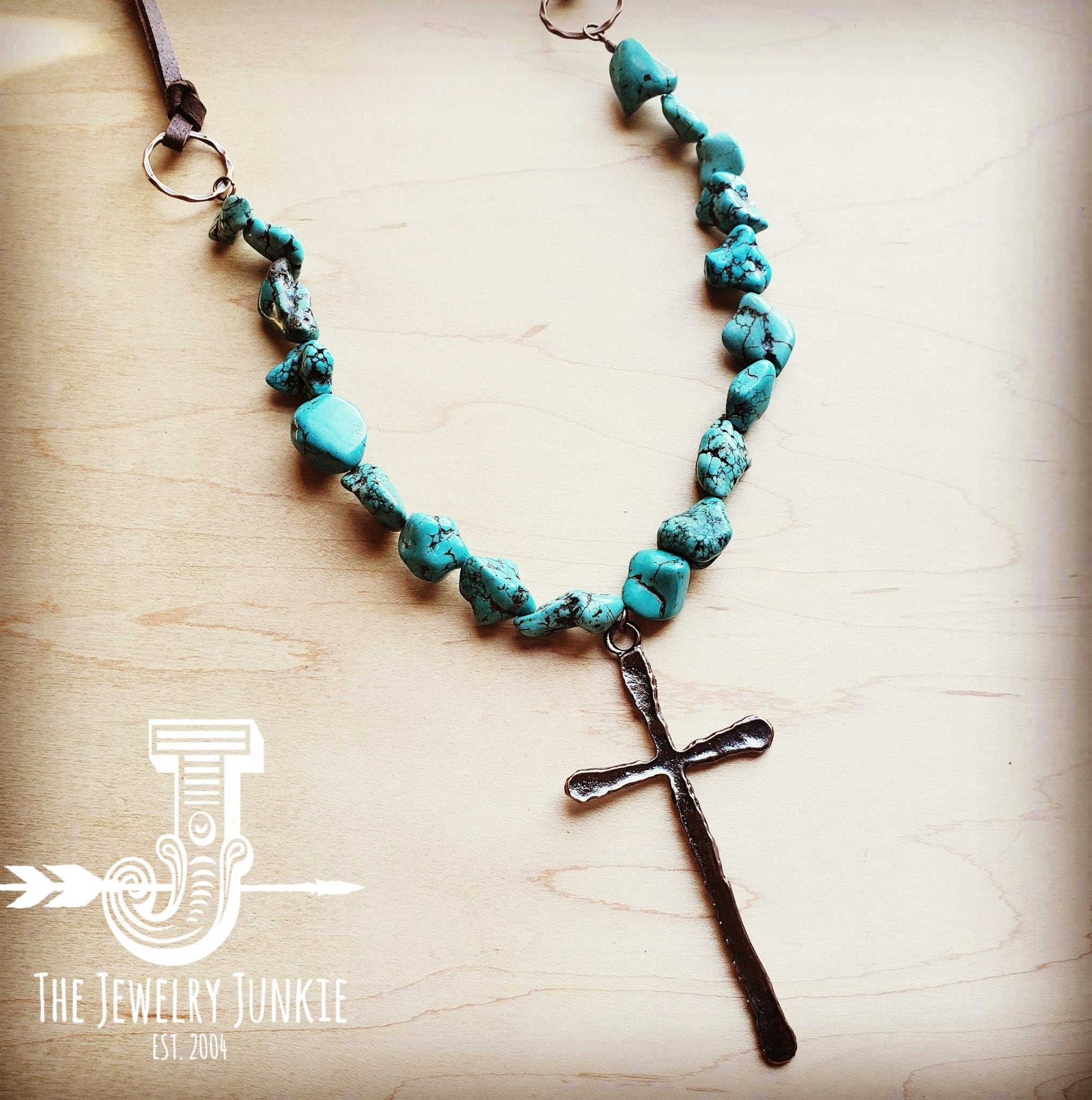 Blue Turquoise Necklace w/ Copper Cross Pendant 251p - Free Spirited