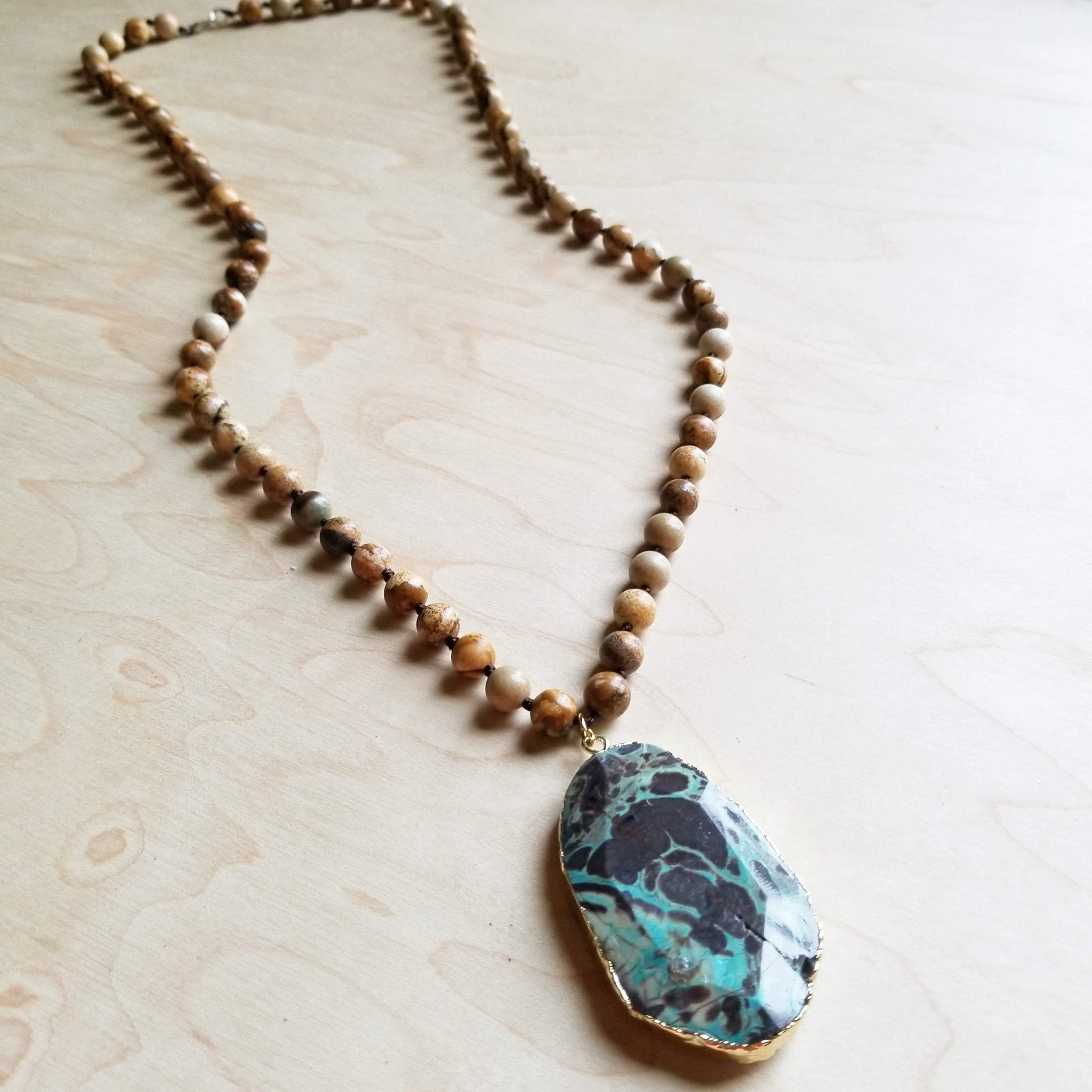 Bohemian Natural JASPER Beaded Necklace with Ocean Agate Pendant 245u - Free Spirited