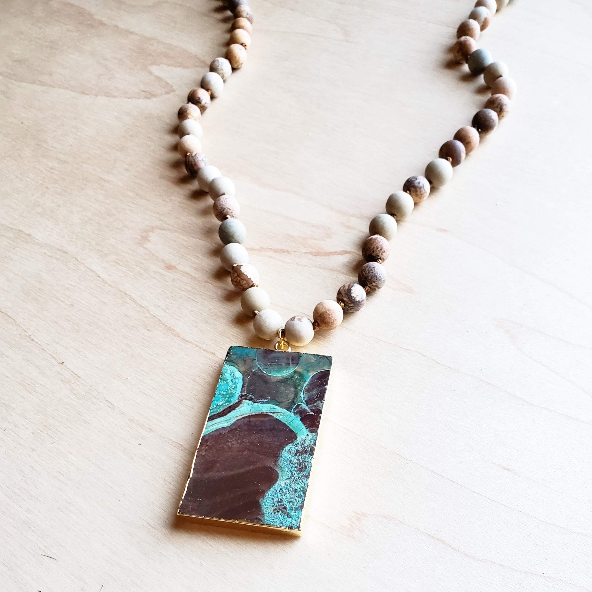 Bohemian Natural JASPER Beaded Necklace with Ocean Agate Pendant 245u - Free Spirited