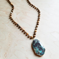 Bohemian Natural JASPER Beaded Necklace with Ocean Agate Pendant 245u - Free Spirited