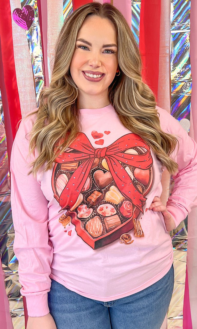 Box of Chocolate Valentine Rhinestone Graphic Long Sleeve T-Shirt - Free Spirited