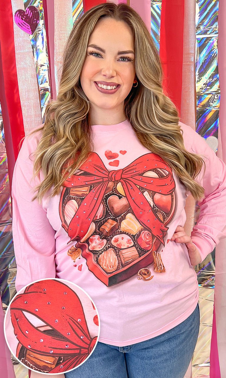 Box of Chocolate Valentine Rhinestone Graphic Long Sleeve T-Shirt - Free Spirited