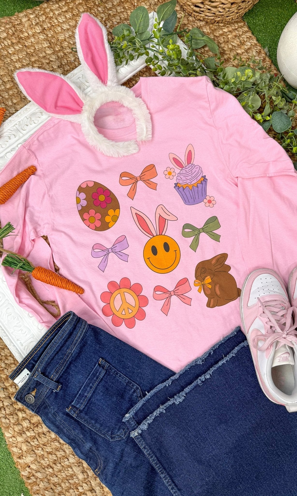 Bunnies and Bows Easter Graphic Long Sleeve T-Shirt - Free Spirited