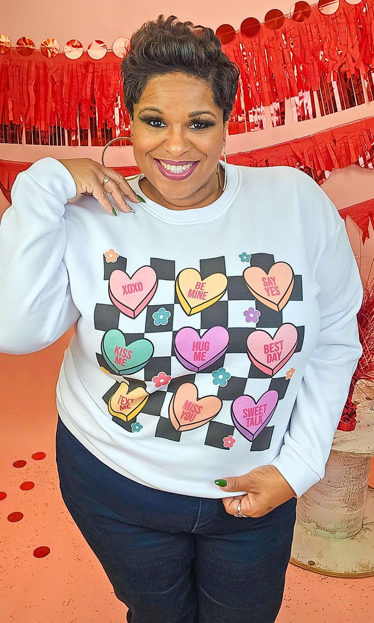 Checkerboard Conversation Hearts Graphic Sweatshirt - Free Spirited