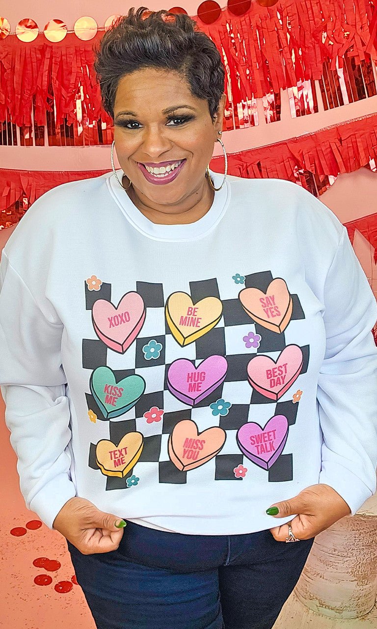 Checkerboard Conversation Hearts Graphic Sweatshirt - Free Spirited