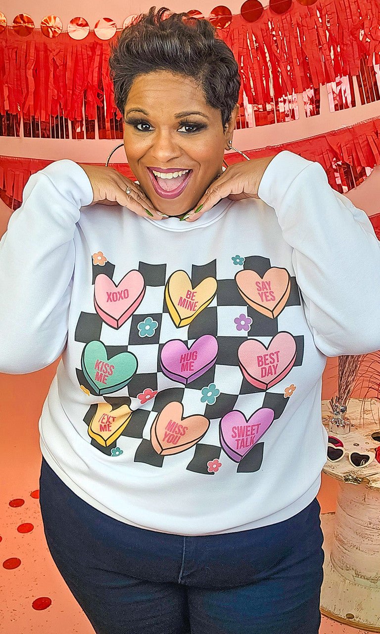 Checkerboard Conversation Hearts Graphic Sweatshirt - Free Spirited