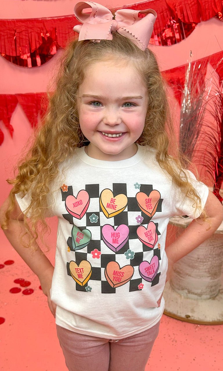 Checkerboard Conversation Hearts Graphic T-Shirt - Free Spirited