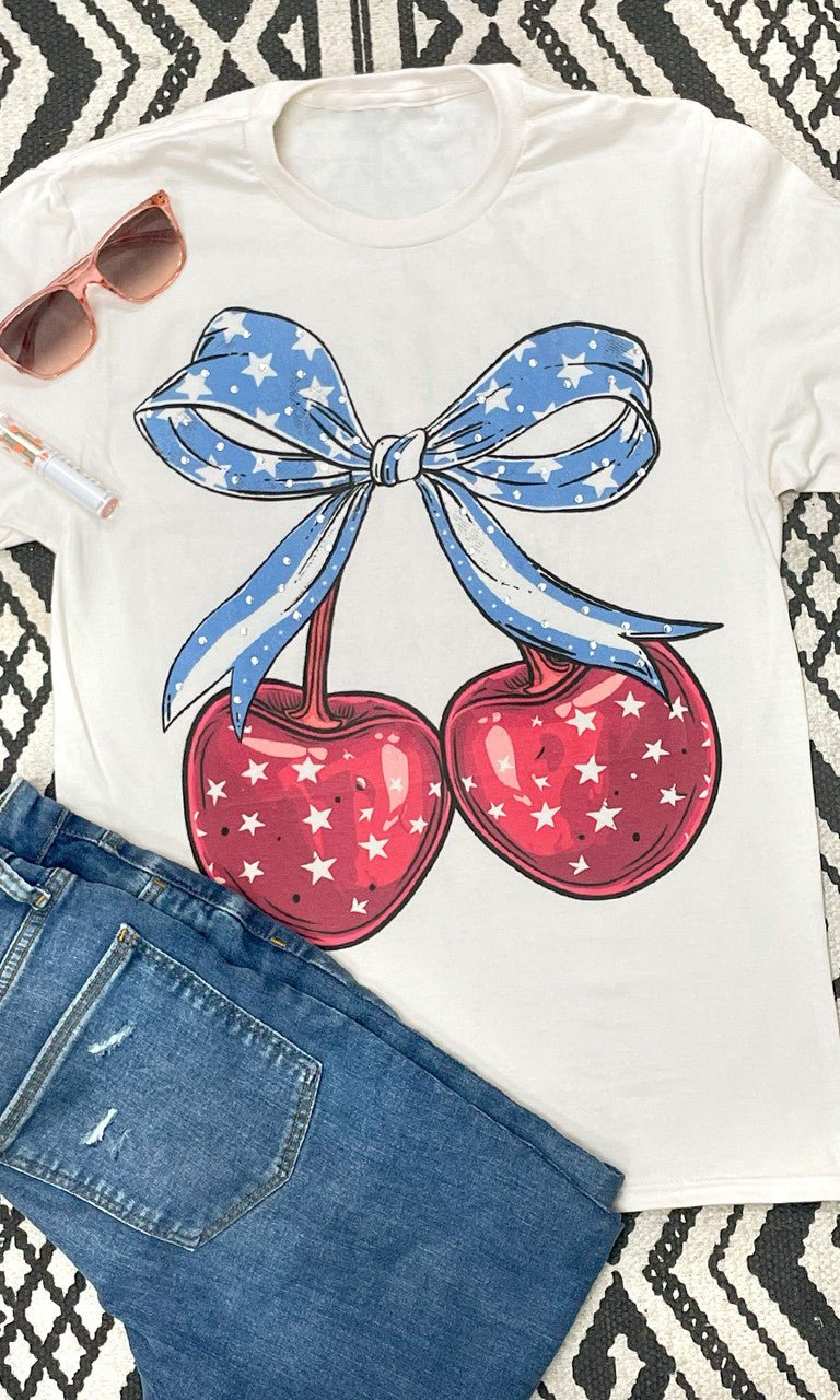 Cherry Bow Patriotic Rhinestone Graphic T-Shirt Natural - Free Spirited