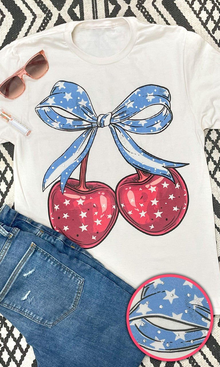 Cherry Bow Patriotic Rhinestone Graphic T-Shirt Natural - Free Spirited