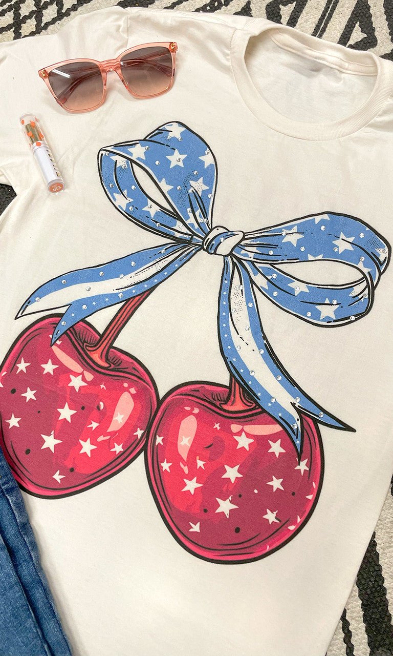 Cherry Bow Patriotic Rhinestone Graphic T-Shirt Natural - Free Spirited