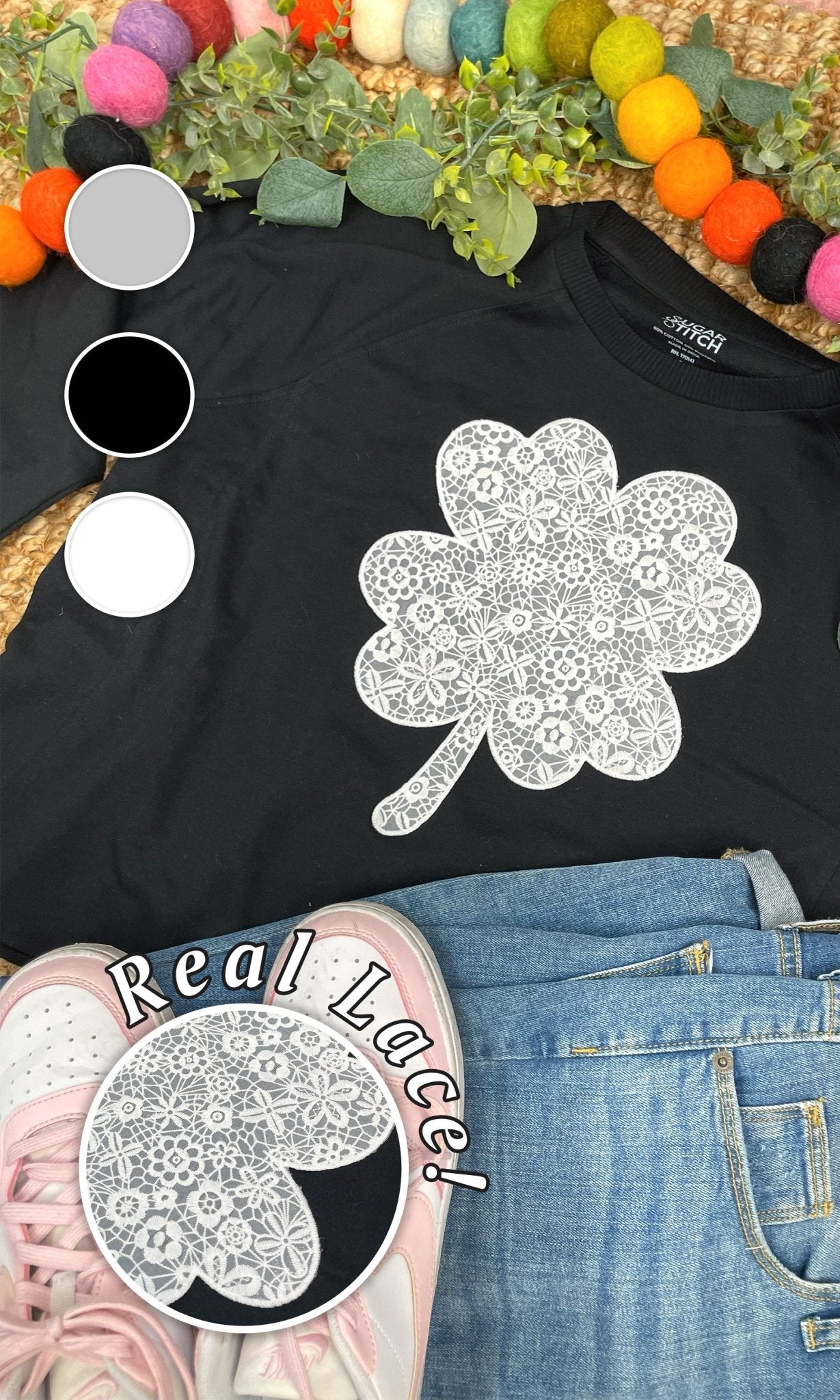 Clover Lace Graphic Long Sleeve Edgy Shirt - Free Spirited