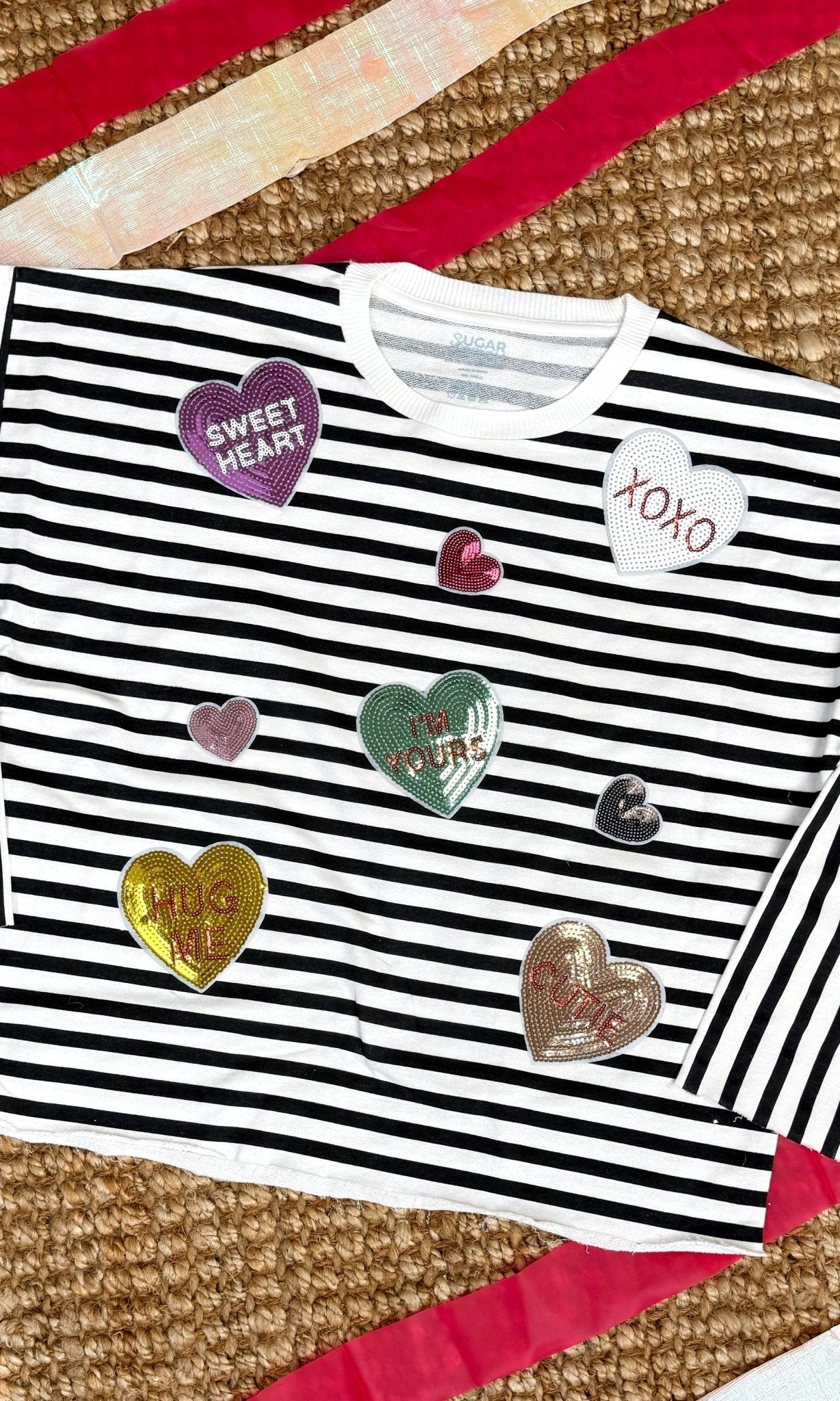 Conversation Hearts Graphic Long Sleeve Striped Edgy - Free Spirited