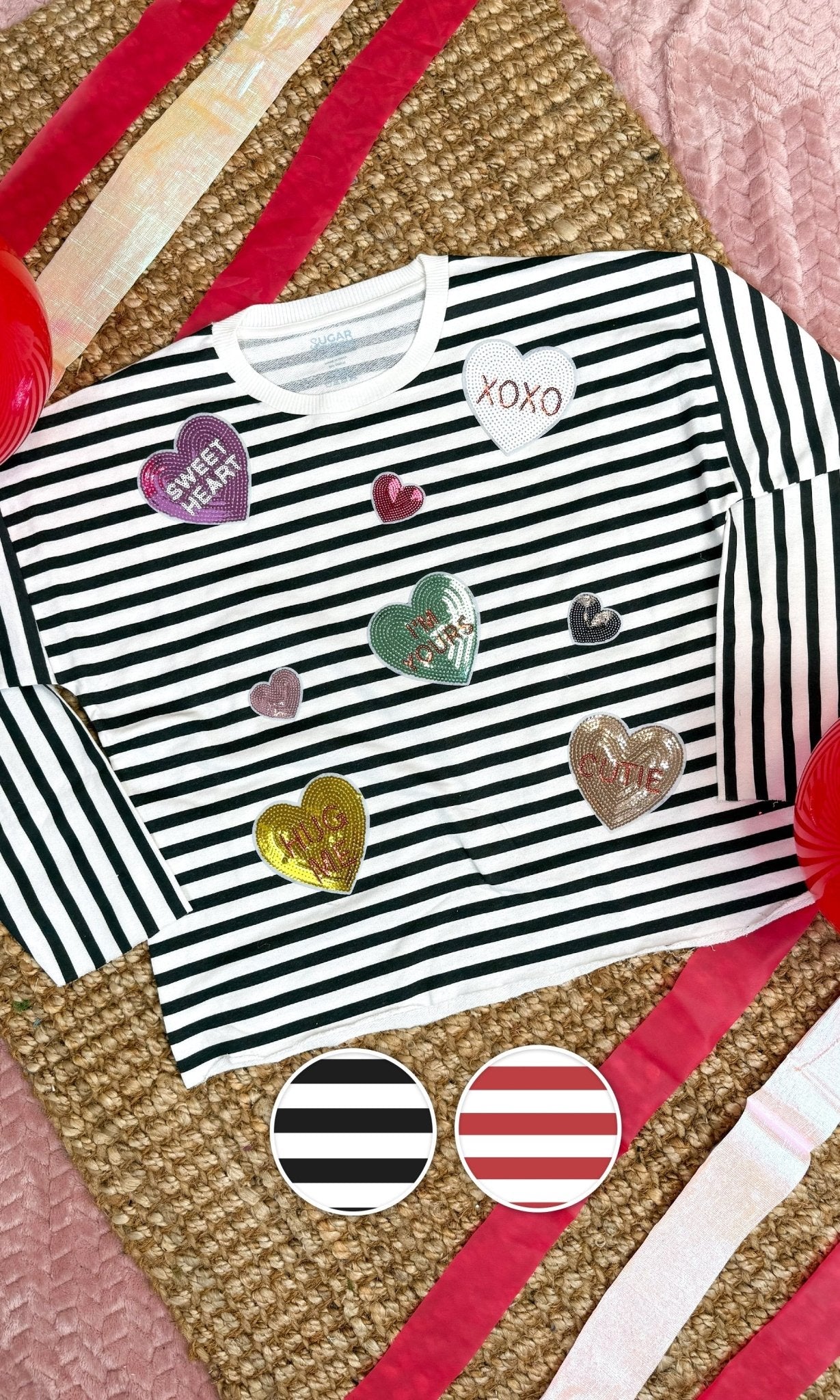 Conversation Hearts Graphic Long Sleeve Striped Edgy - Free Spirited