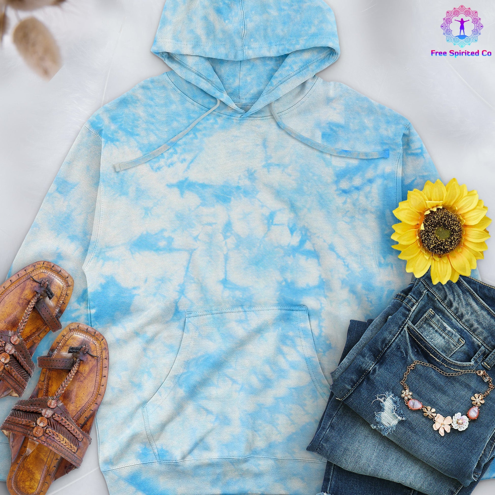 Crystal Baby Blue Hand - Dyed Crystal Hoodie - Free Spirited