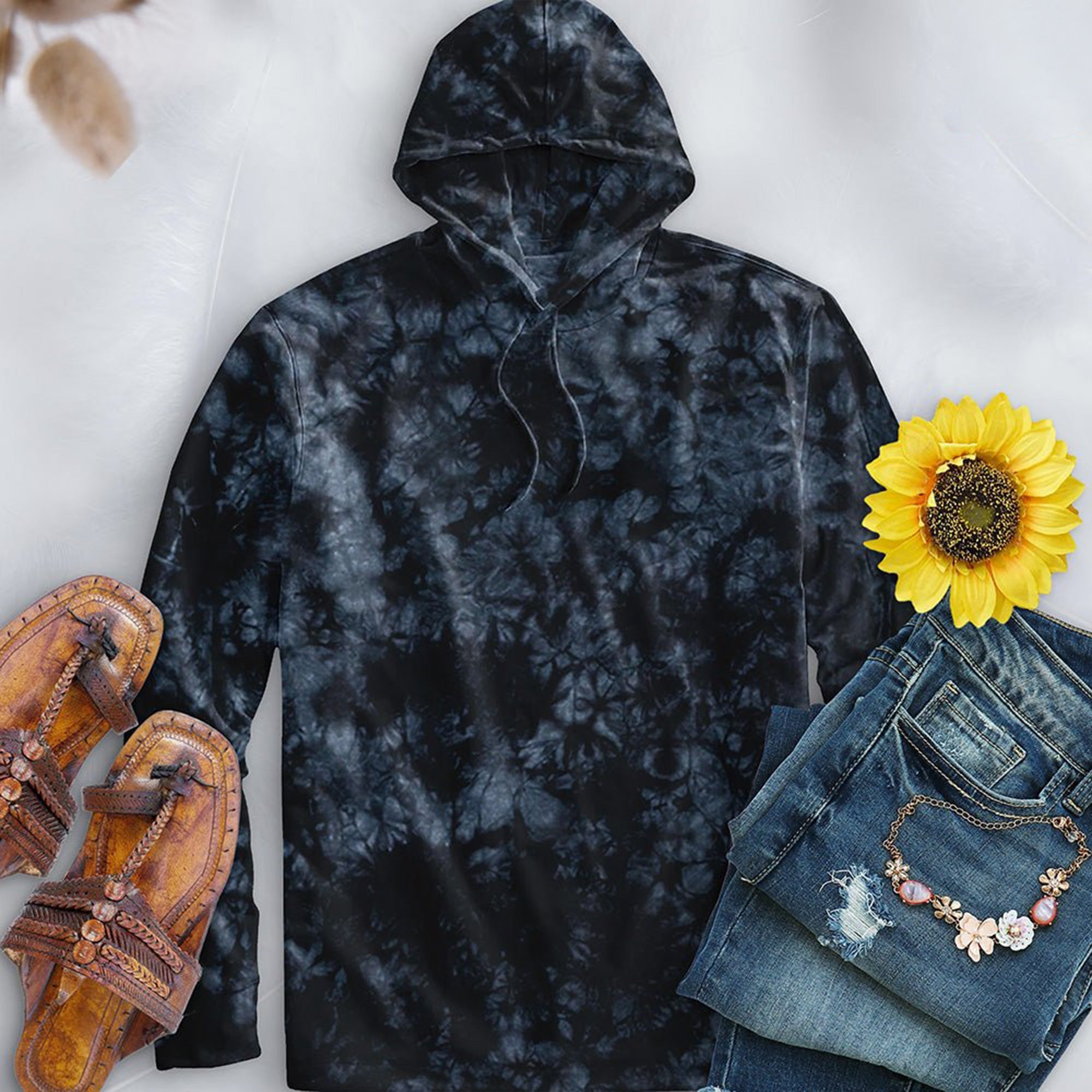 Crystal Black Hand-Dyed Long Sleeve Hoodie - Free Spirited