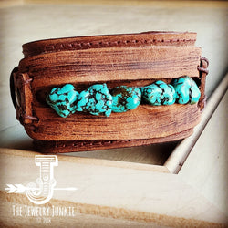 Dusty Leather Wide Cuff with Blue Turquoise Chunks 001z - Free Spirited