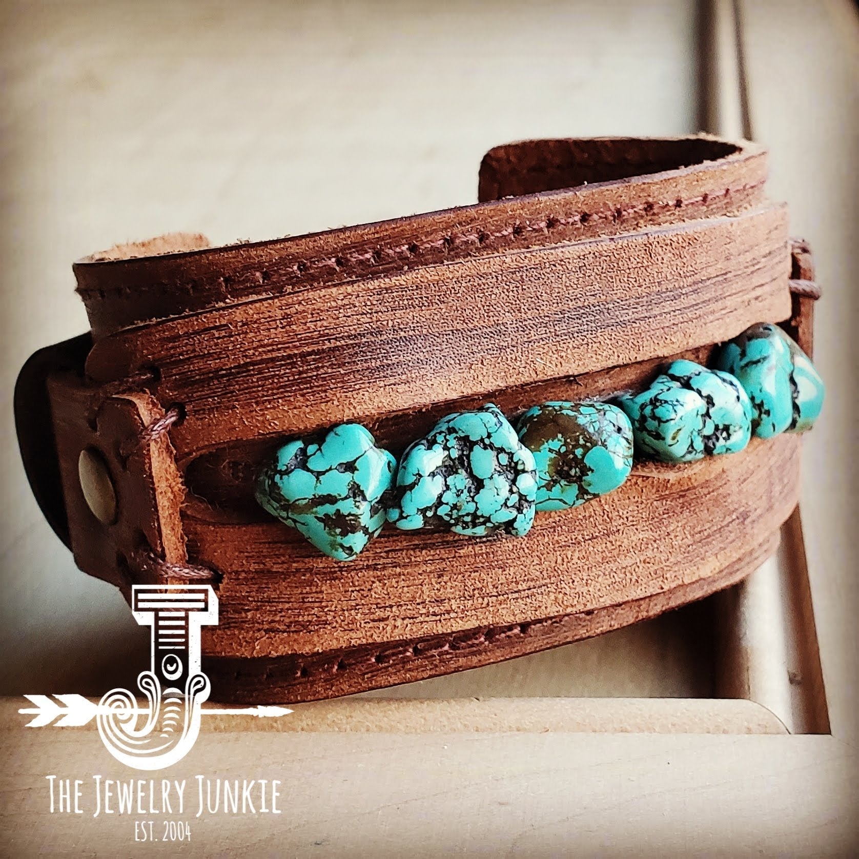 Dusty Leather Wide Cuff with Blue Turquoise Chunks 001z - Free Spirited