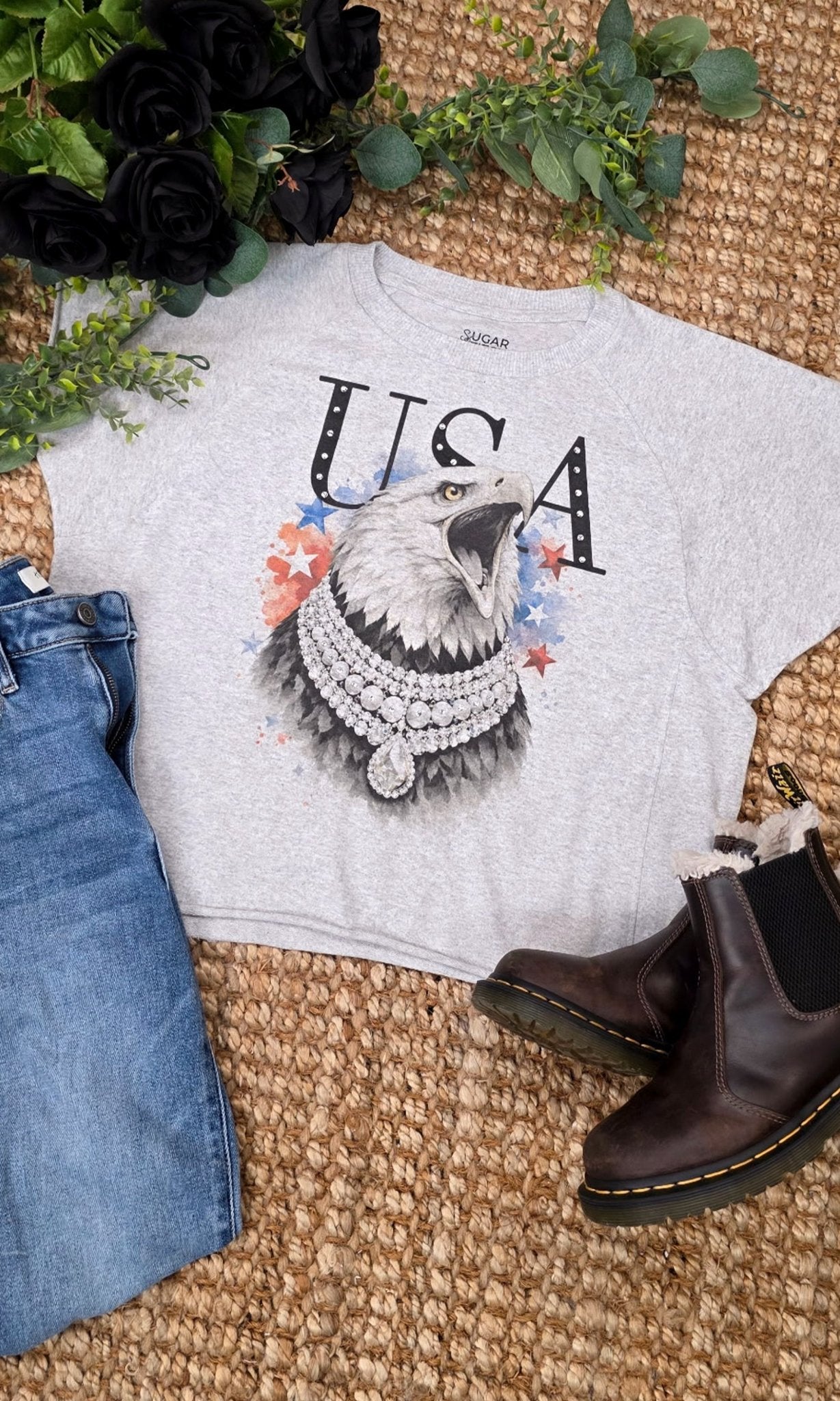 Eagle USA with Rhinestones Graphic Edgy Shirt - Free Spirited