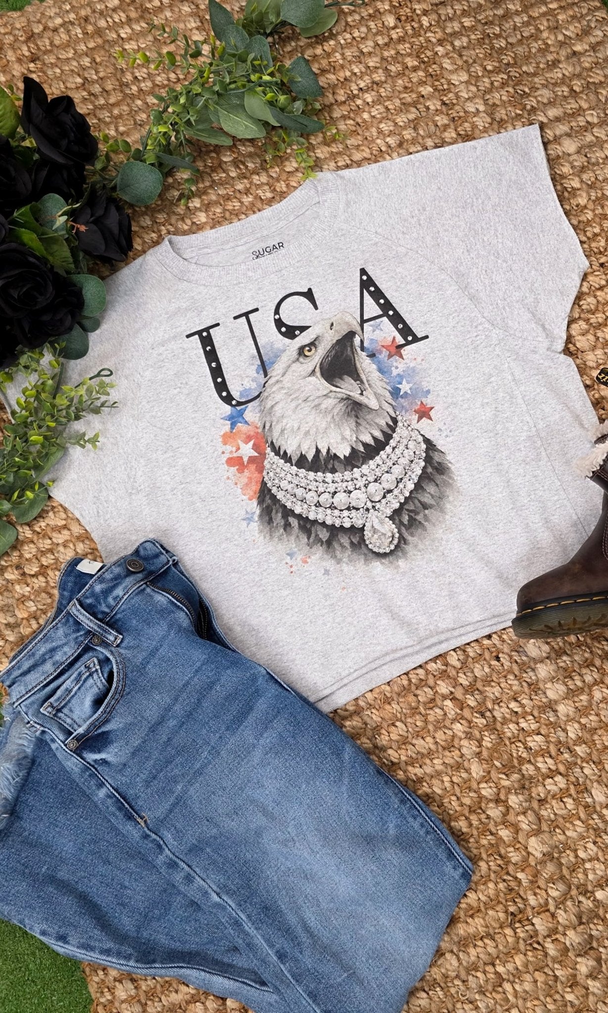 Eagle USA with Rhinestones Graphic Edgy Shirt - Free Spirited