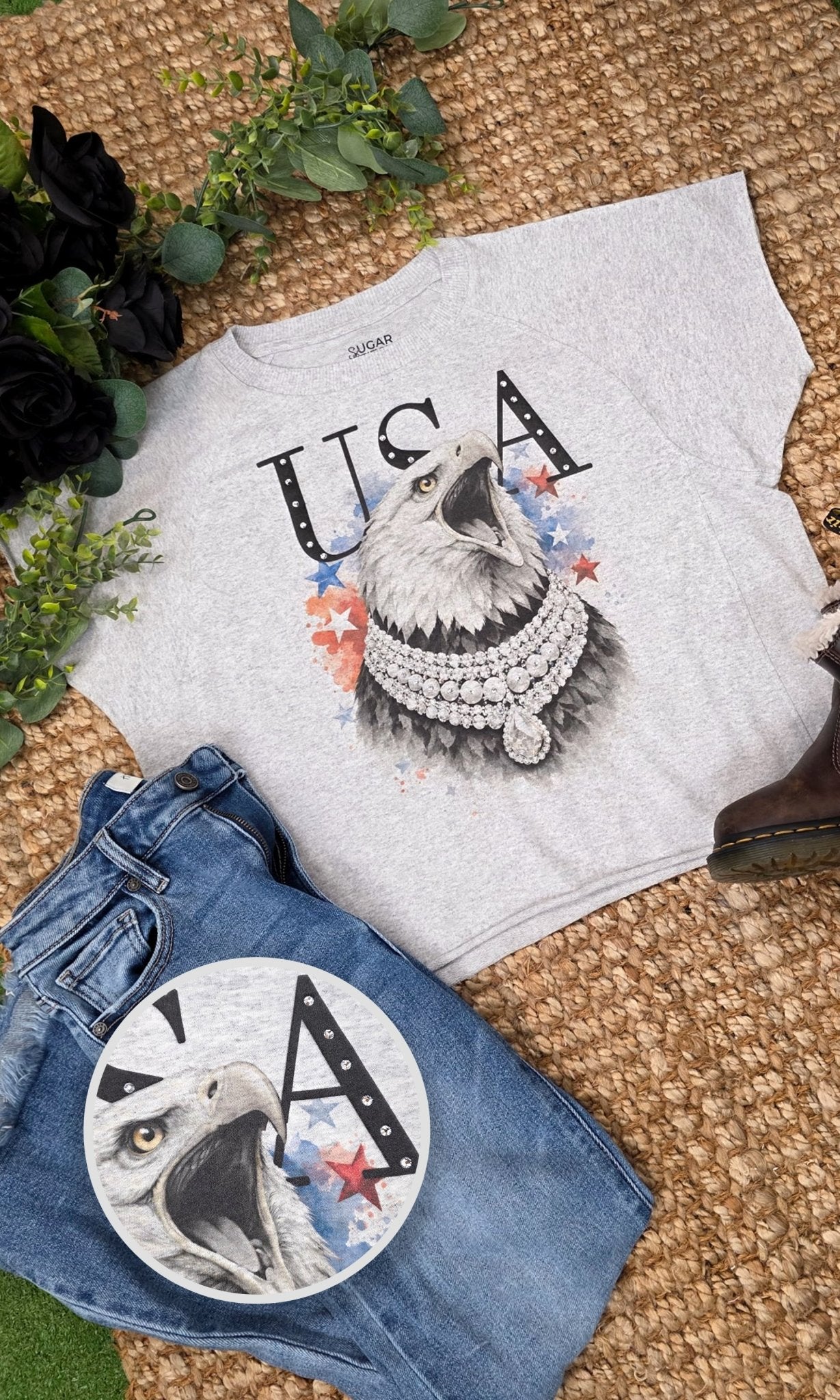 Eagle USA with Rhinestones Graphic Edgy Shirt - Free Spirited