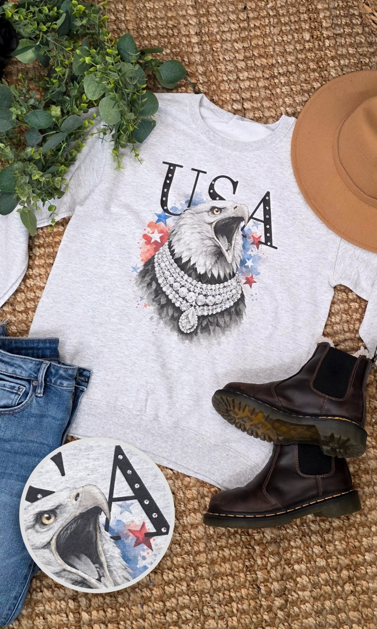 Eagle USA with Rhinestones Graphic Sweatshirt - Free Spirited