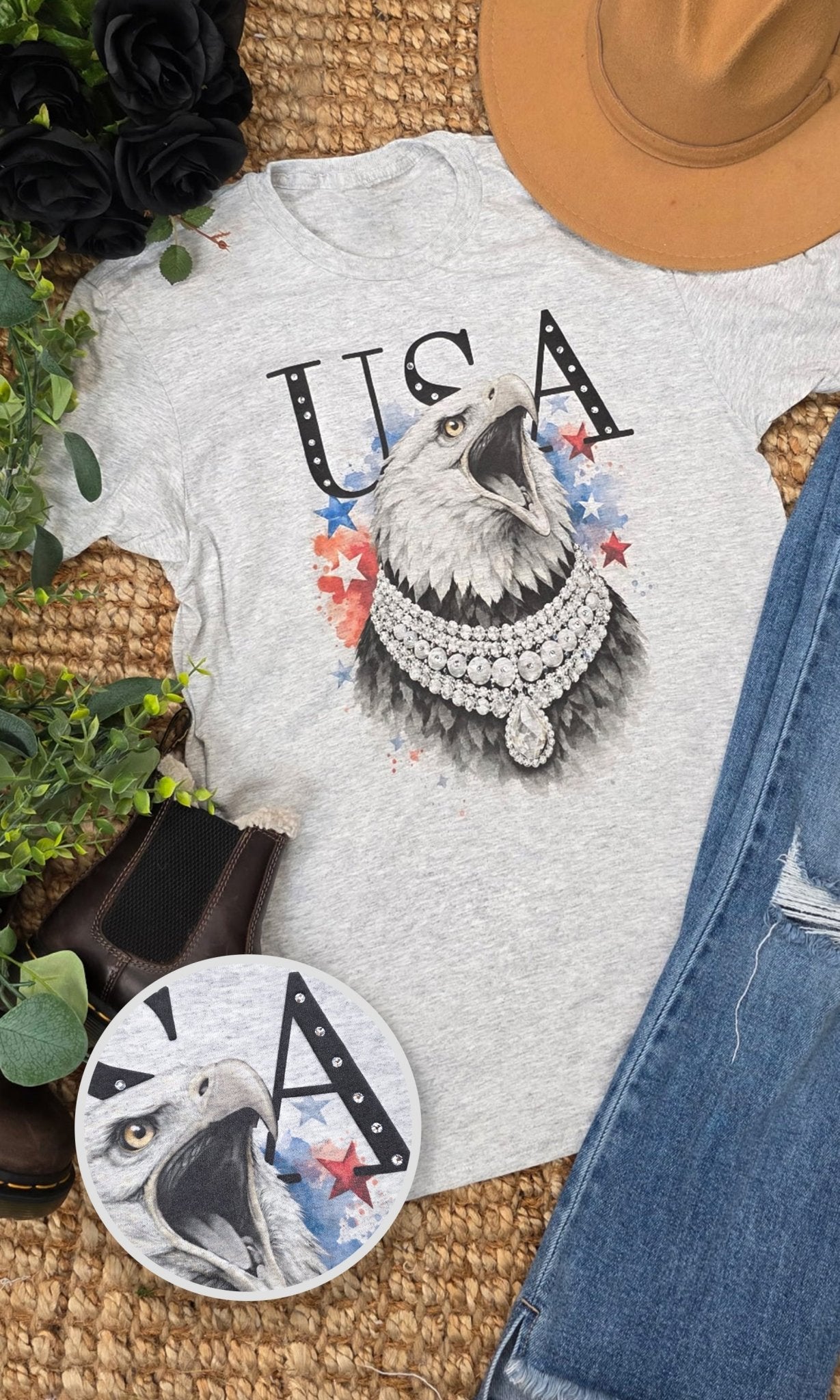 Eagle USA with Rhinestones Graphic T-Shirt - Free Spirited