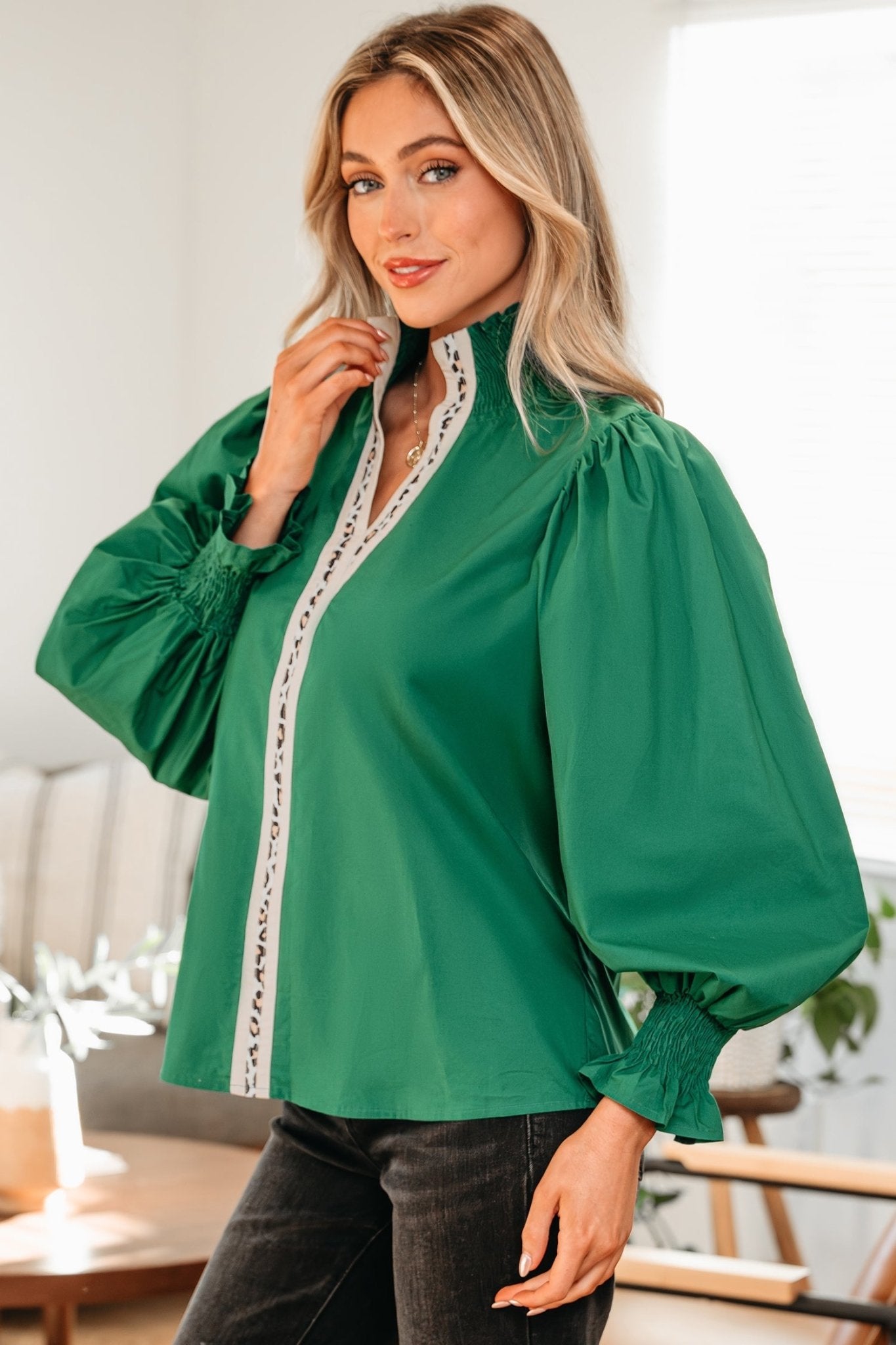 Everly Flounce Sleeve Trim Blouse by Threaded Pear - Free Spirited