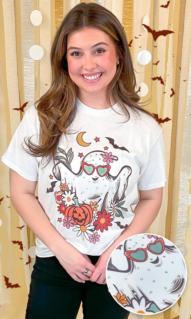 Floral Ghost Rhinestone Graphic Shirt - Free Spirited