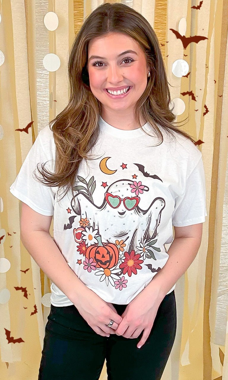Floral Ghost Rhinestone Graphic Shirt - Free Spirited
