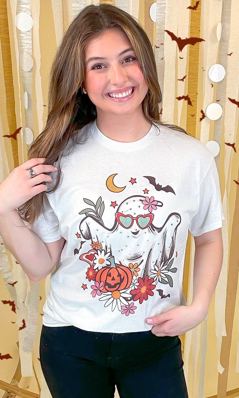 Floral Ghost Rhinestone Graphic Shirt - Free Spirited