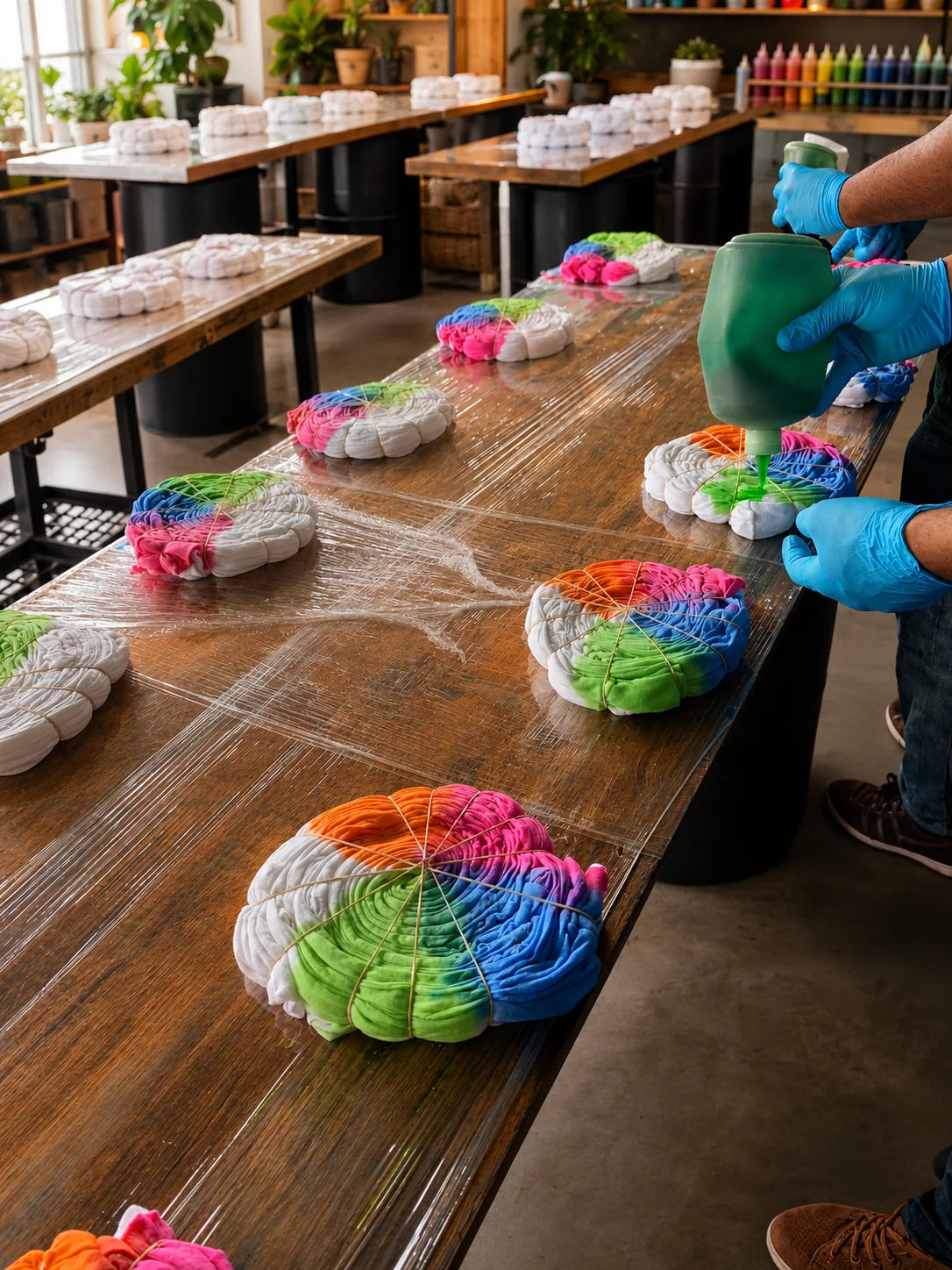 Free Spirited Clothing shirts being hand dyed in colorful small batches