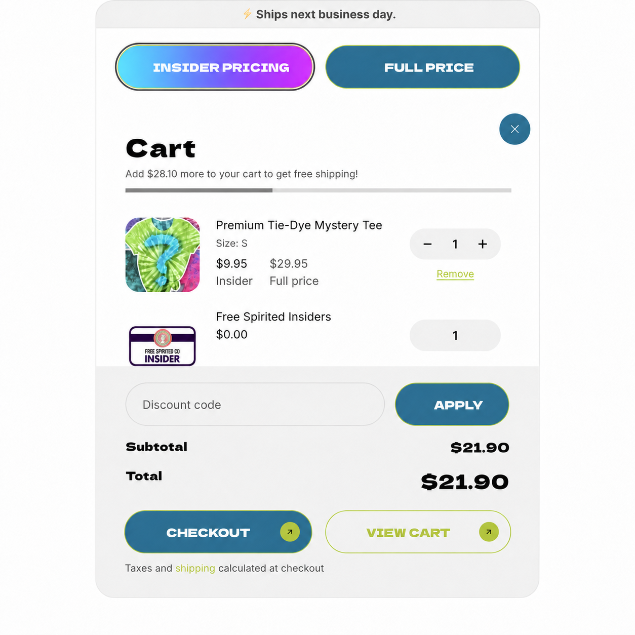 Free Spirited cart drawer showing Insider Pricing and Full Price choices