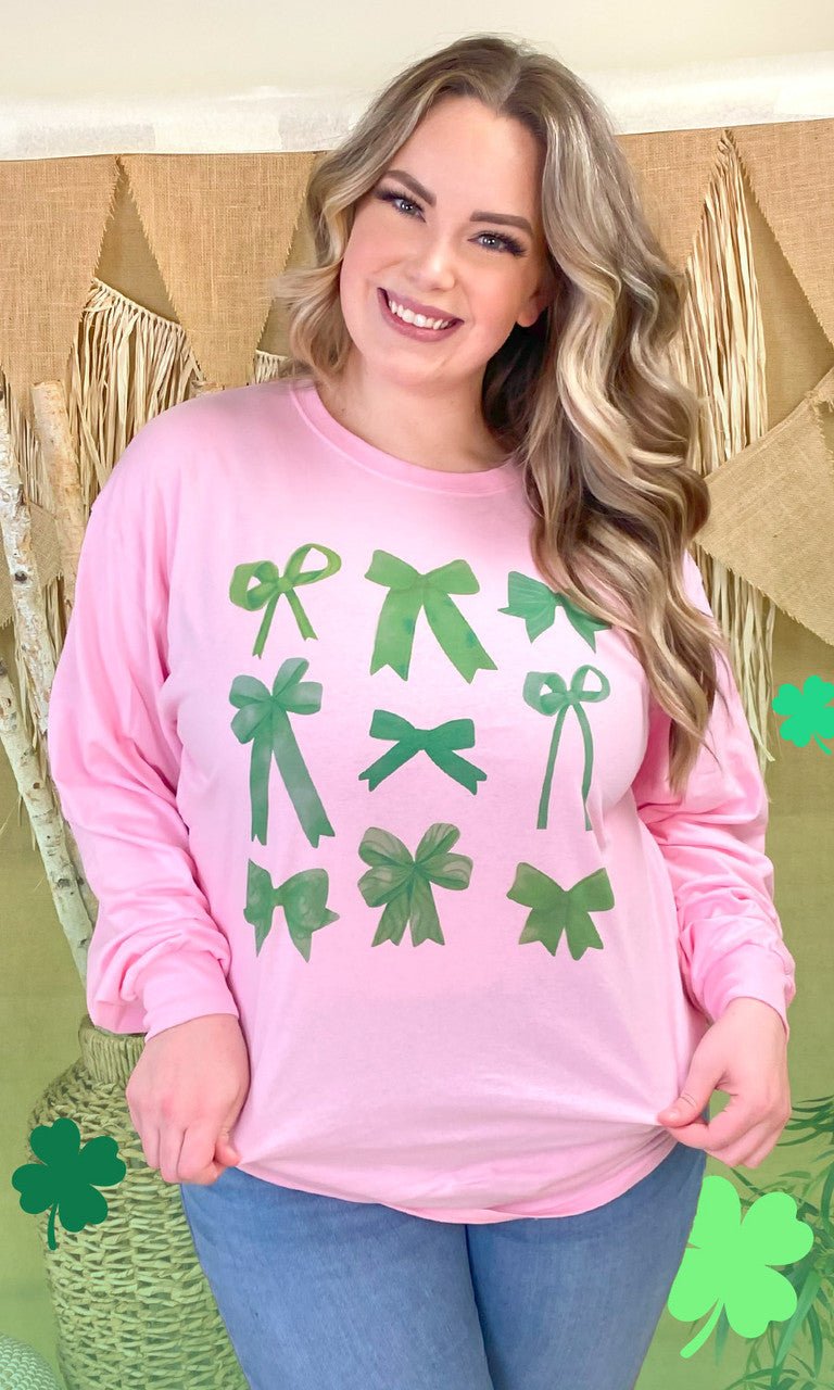 Green Bows St Patricks Day Graphic Long Sleeve T-Shirt - Free Spirited