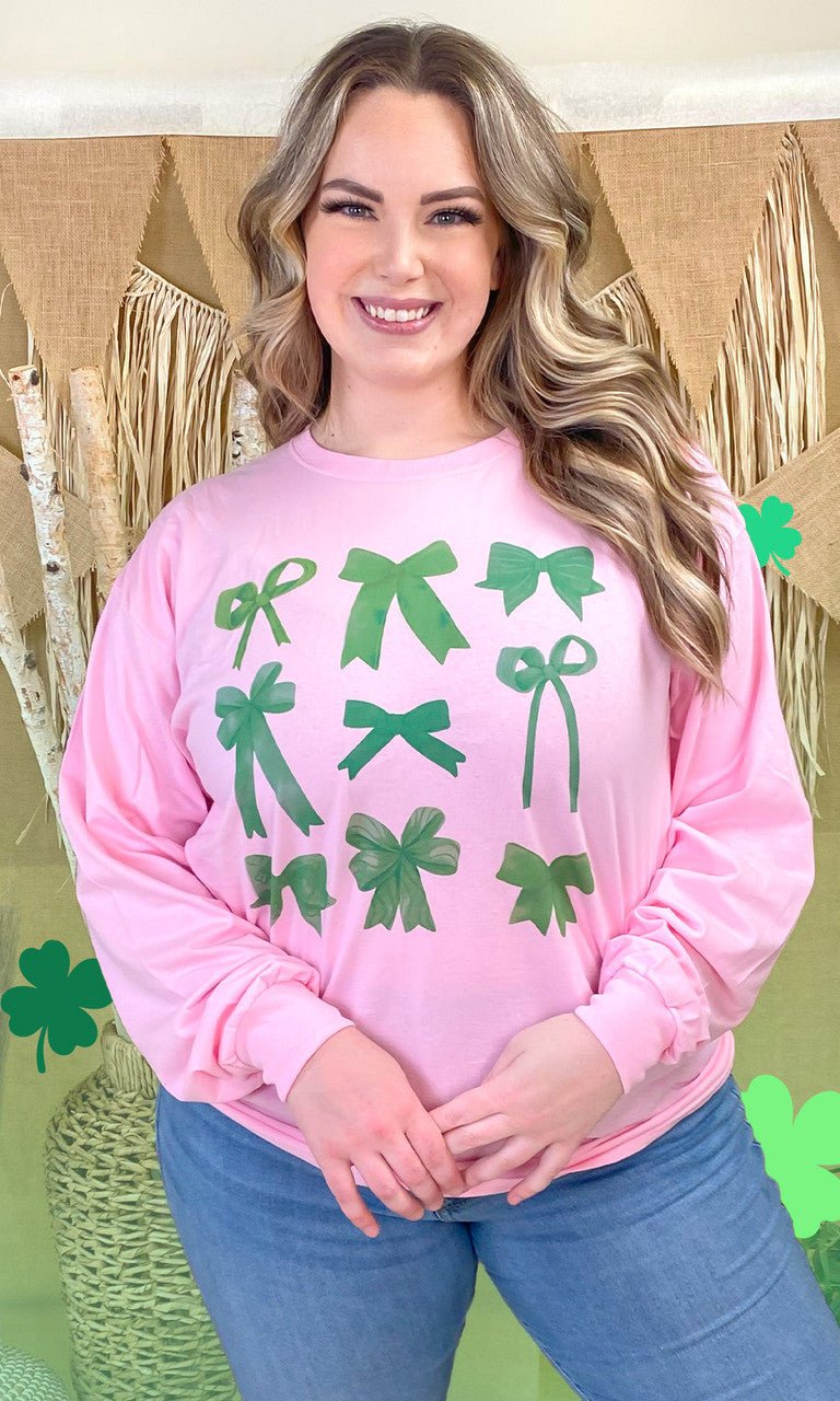 Green Bows St Patricks Day Graphic Long Sleeve T-Shirt - Free Spirited