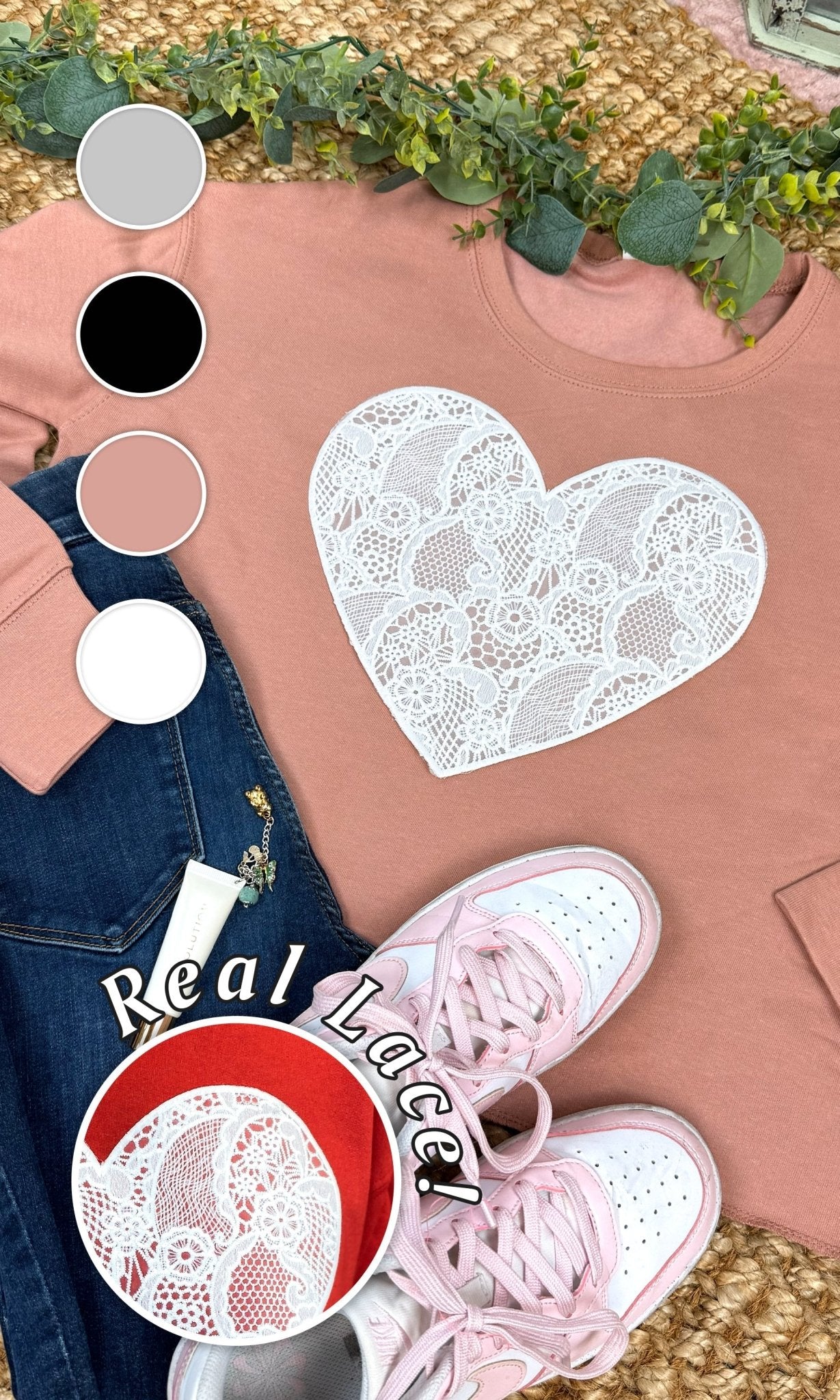 Heart Lace Graphic Cropped Sweatshirt - Free Spirited