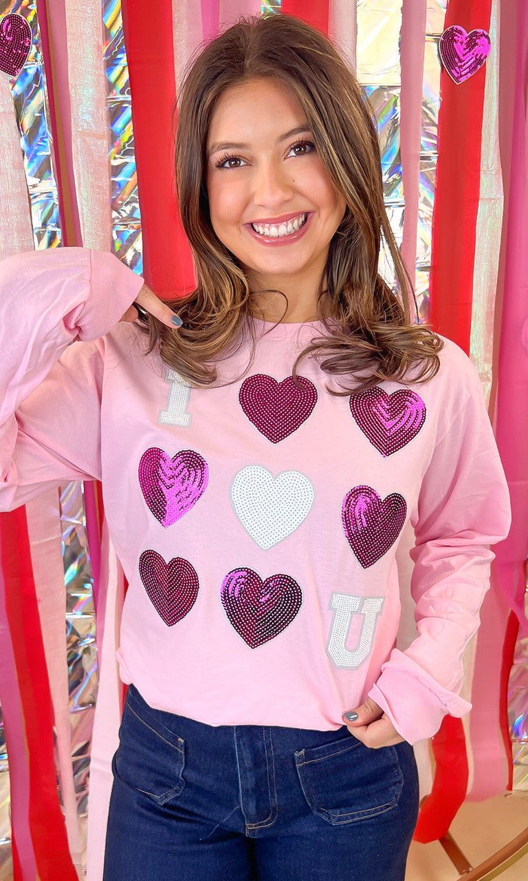 I Love You Sequin Valentine Heart Graphic Long Sleeve T-Shirt - Free Spirited