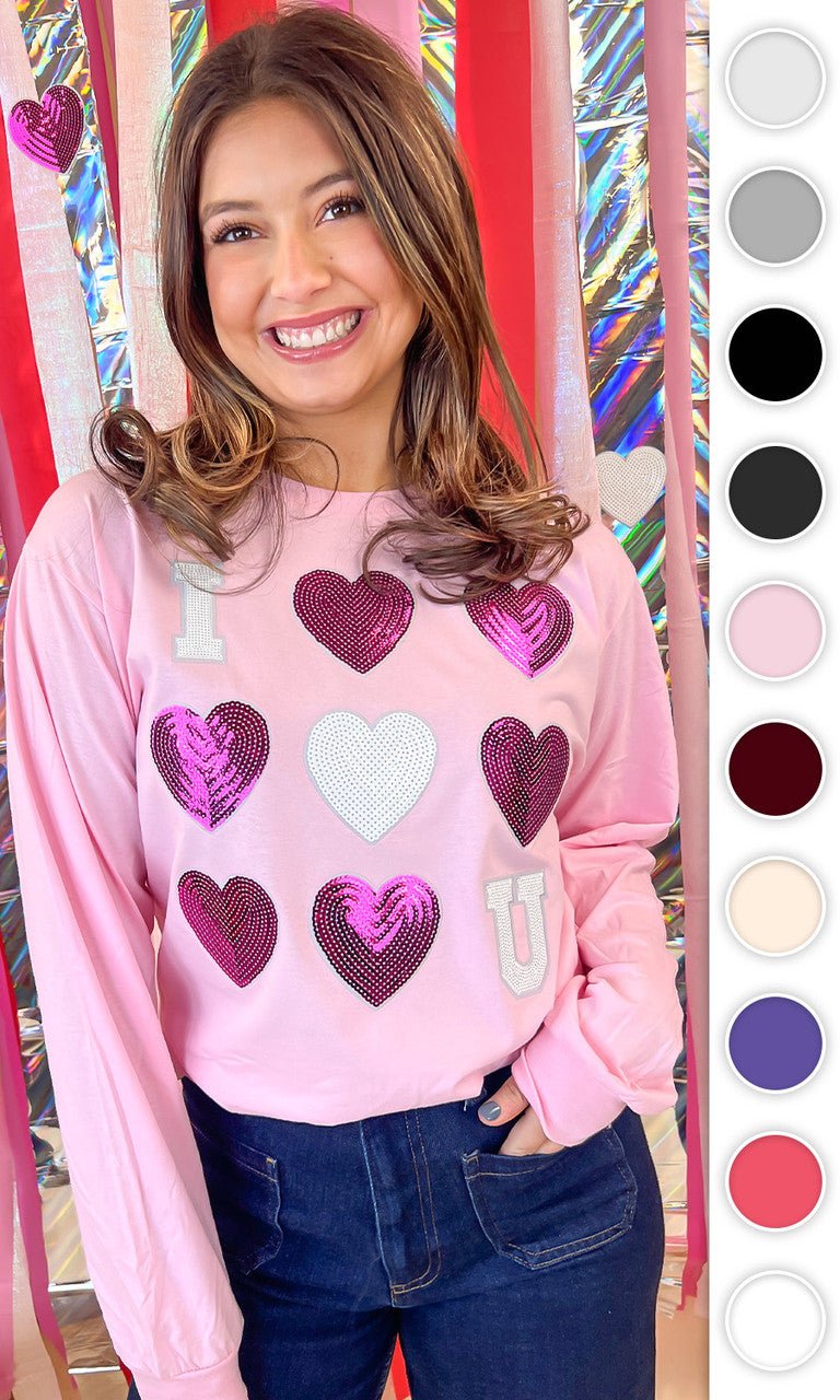 I Love You Sequin Valentine Heart Graphic Long Sleeve T-Shirt - Free Spirited