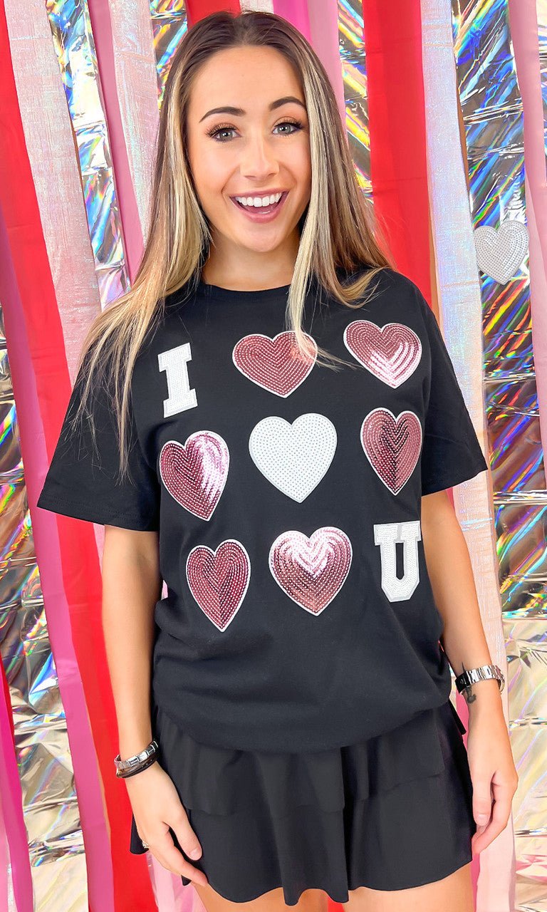 I Love You Sequin Valentine Heart Graphic T-Shirt - Free Spirited