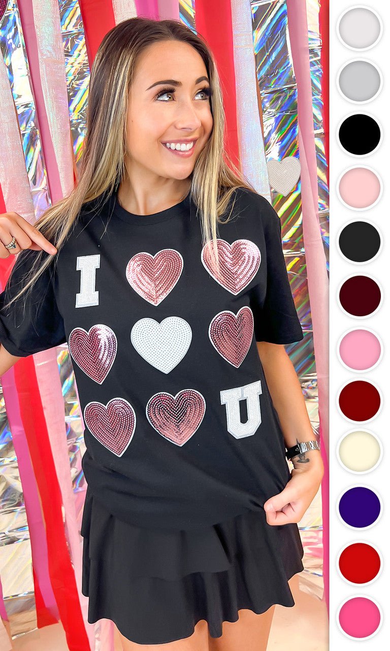 I Love You Sequin Valentine Heart Graphic T-Shirt - Free Spirited