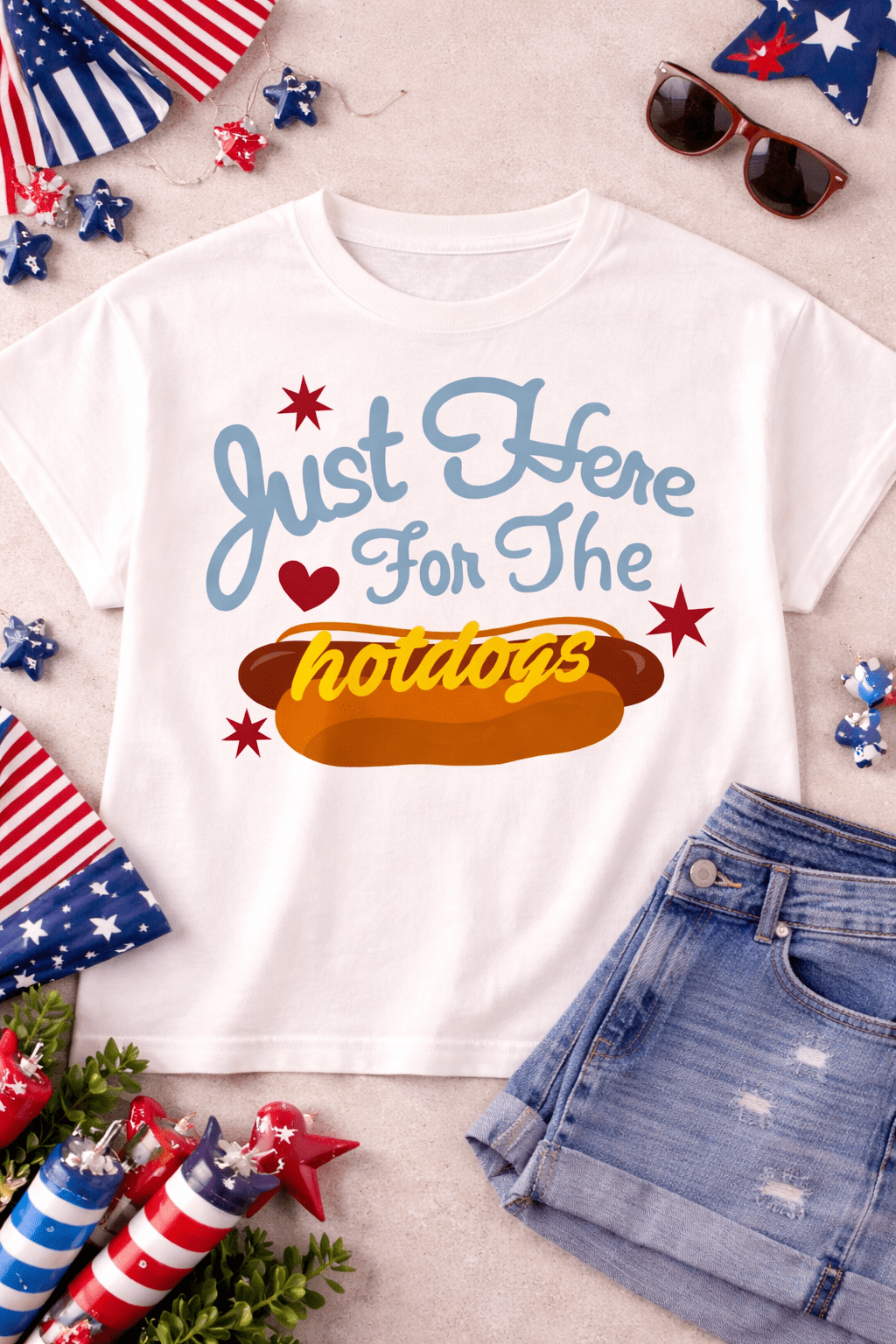 Just Here For The Hotdogs Patriotic Graphic T-Shirt - Free Spirited
