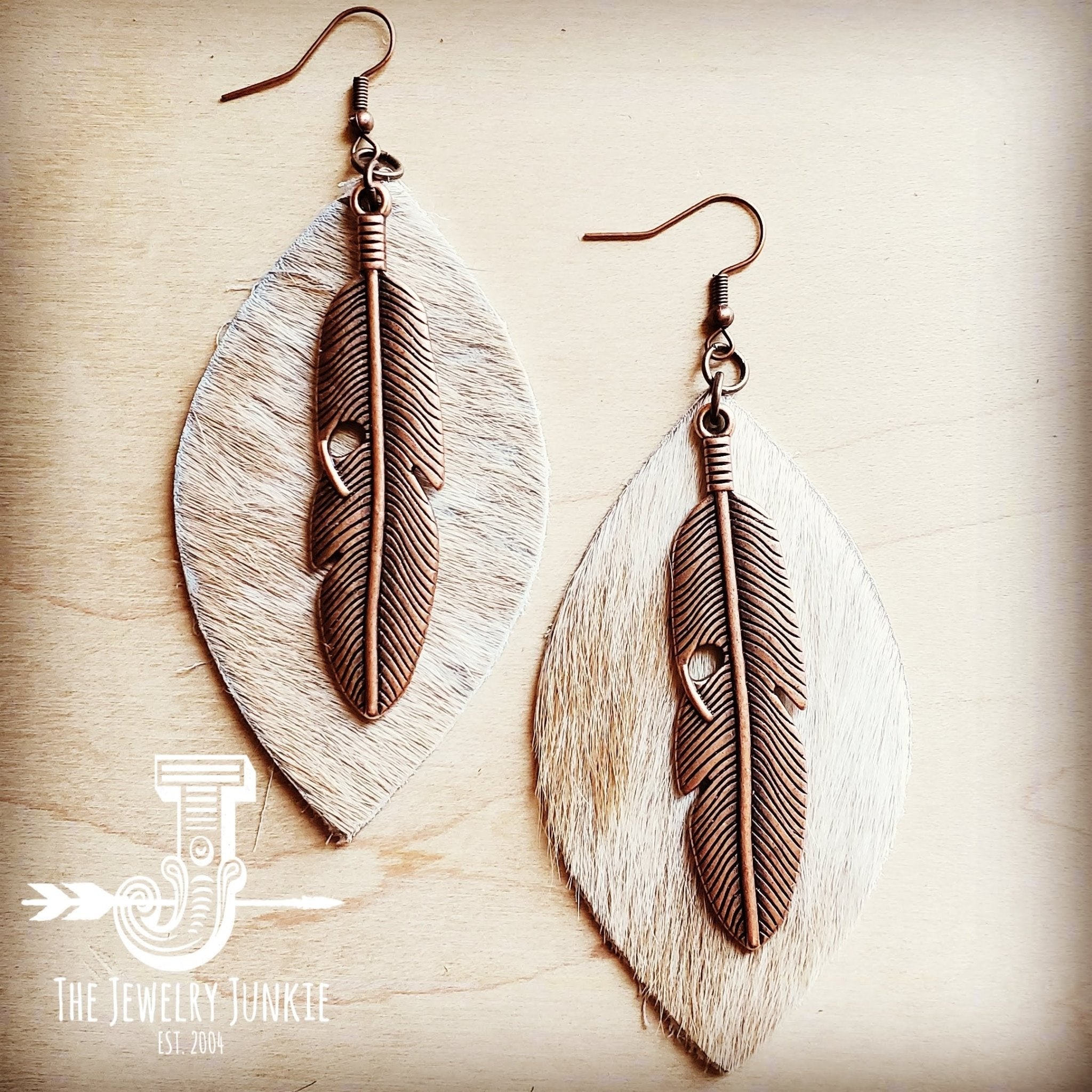 Leather Oval Earrings Tan Hair - on - Hide w/ Copper Feathers 223c - Free Spirited