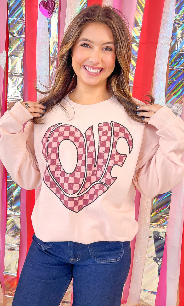 Love Checkered Heart Rhinestone Graphic Sweatshirt - Free Spirited
